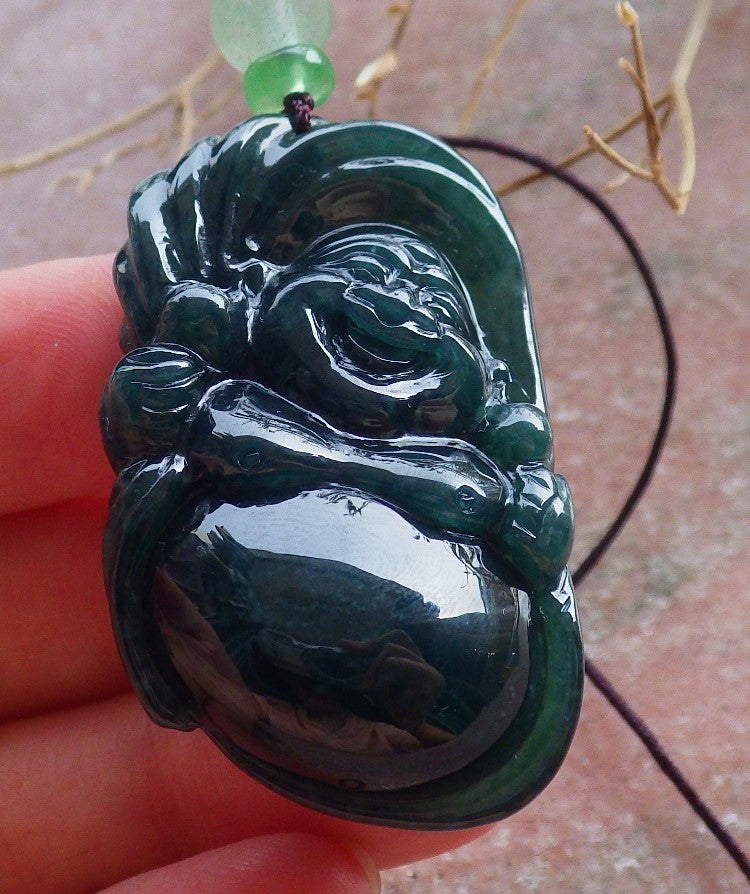 Certified Green Burma 100% Natural A Jade jadeite pendant Happy Buddha God Necklace 开心佛 650988 TN