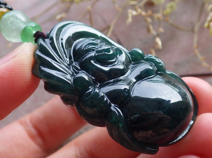 Certified Green Burma 100% Natural A Jade jadeite pendant Happy Buddha God Necklace 开心佛 650988 TN