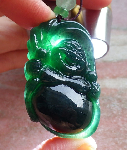 Certified Green Burma 100% Natural A Jade jadeite pendant Happy Buddha God Necklace 开心佛 650988 TN
