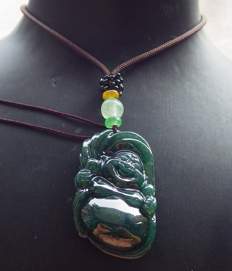 Certified Green Burma 100% Natural A Jade jadeite pendant Happy Buddha God Necklace 开心佛 650988 TN