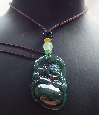 Certified Green Burma 100% Natural A Jade jadeite pendant Happy Buddha God Necklace 开心佛 650988 TN