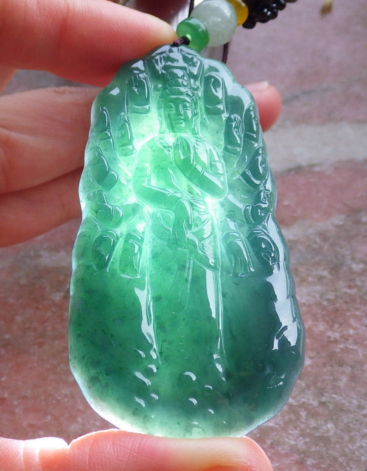 Certified Icy Green Burma 100% Natural A Jade jadeite Pendant 1000 Hand Guanyin Kwan Yin Necklace 观音 650998 TN