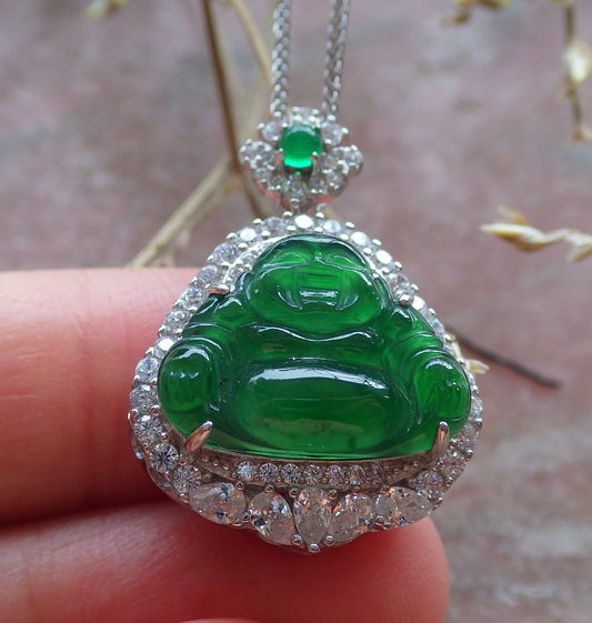 Icy Green Silver 925 Certified Burma 100% Natural A JADE Jadeite pendant Happy Buddha God Necklace 佛公 651008 TN