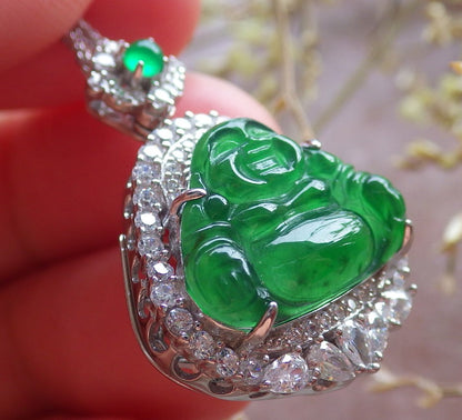 Icy Green Silver 925 Certified Burma 100% Natural A JADE Jadeite pendant Happy Buddha God Necklace 佛公 651008 TN