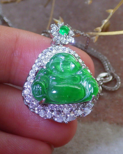 Icy Green Silver 925 Certified Burma 100% Natural A JADE Jadeite pendant Happy Buddha God Necklace 佛公 651008 TN