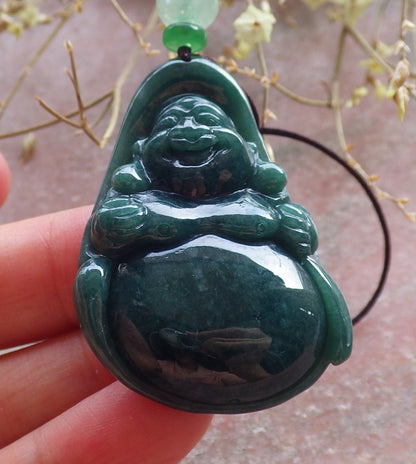 Certified Green Burma 100% Natural A Jade jadeite pendant Happy Buddha God Necklace 开心佛 651018 TN