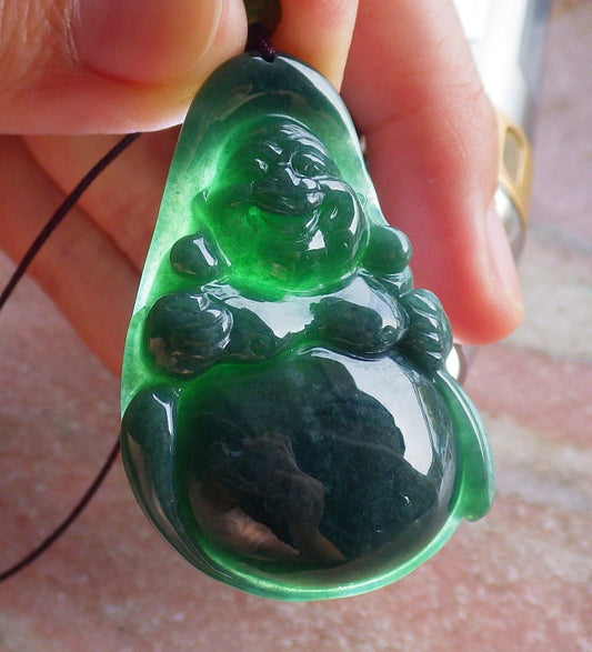 Certified Green Burma 100% Natural A Jade jadeite pendant Happy Buddha God Necklace 开心佛 651018 TN