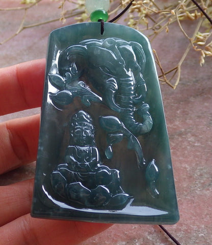 Certified Icy Green Burma 100% Natural A Jade jadeite Pendant Guanyin Kwan Yin Elephant Lotus Flower Necklace 观音 651056 TN