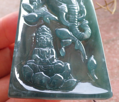 Certified Icy Green Burma 100% Natural A Jade jadeite Pendant Guanyin Kwan Yin Elephant Lotus Flower Necklace 观音 651056 TN