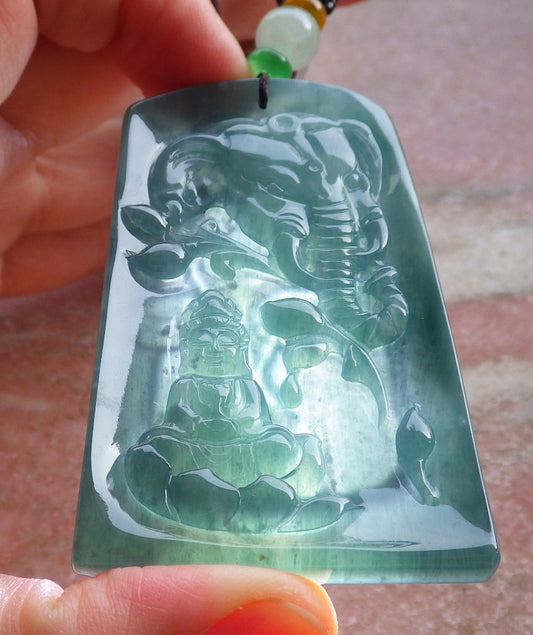 Certified Icy Green Burma 100% Natural A Jade jadeite Pendant Guanyin Kwan Yin Elephant Lotus Flower Necklace 观音 651056 TN