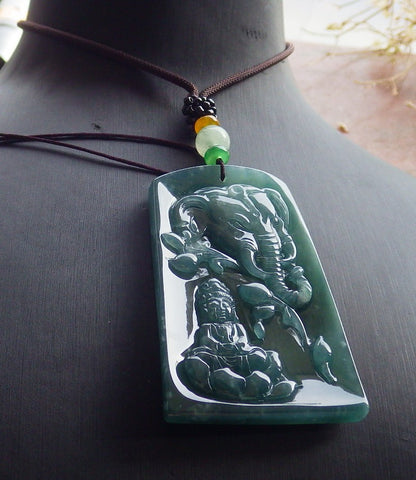 Certified Icy Green Burma 100% Natural A Jade jadeite Pendant Guanyin Kwan Yin Elephant Lotus Flower Necklace 观音 651056 TN