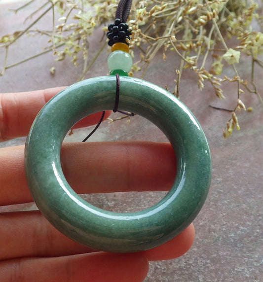 Certified Green Burma 100% Natural A Jade jadeite Pendant Circle Necklace 平安扣 651066 TN