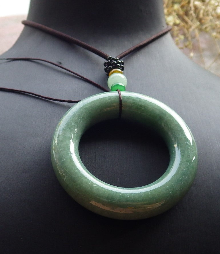 Certified Green Burma 100% Natural A Jade jadeite Pendant Circle Necklace 平安扣 651066 TN