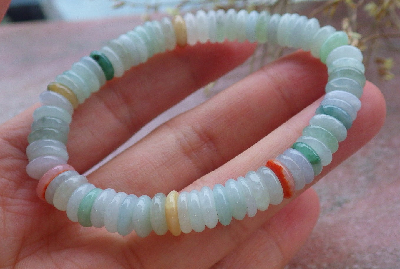 Certified Red Yellow Green Burma 100% Natural A JADE Jadeite Bead Beads Bangle Circle Bead Beads Bangle Bracelet 平安扣手链 651167 TN