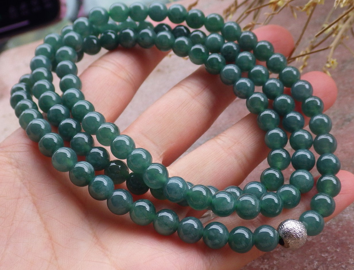 Certified Icy Green Burma 100% Natural A JADE Jadeite Bead Beads Necklace 27 inches 项链 651193 TN