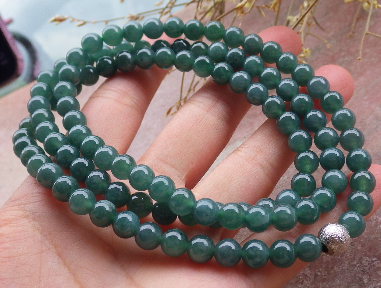Certified Icy Green Burma 100% Natural A JADE Jadeite Bead Beads Necklace 27 inches 项链 651193 TN