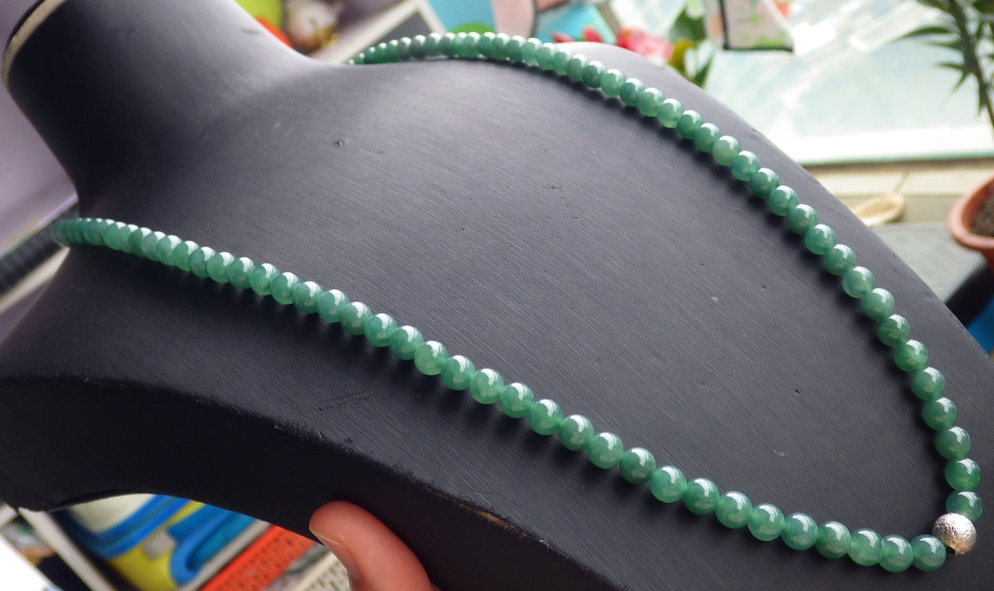 Certified Icy Green Burma 100% Natural A JADE Jadeite Bead Beads Necklace 27 inches 项链 651203 TN