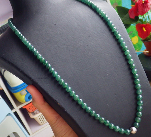 Certified Icy Green Burma 100% Natural A JADE Jadeite Bead Beads Necklace 27 inches 项链 651228 TN