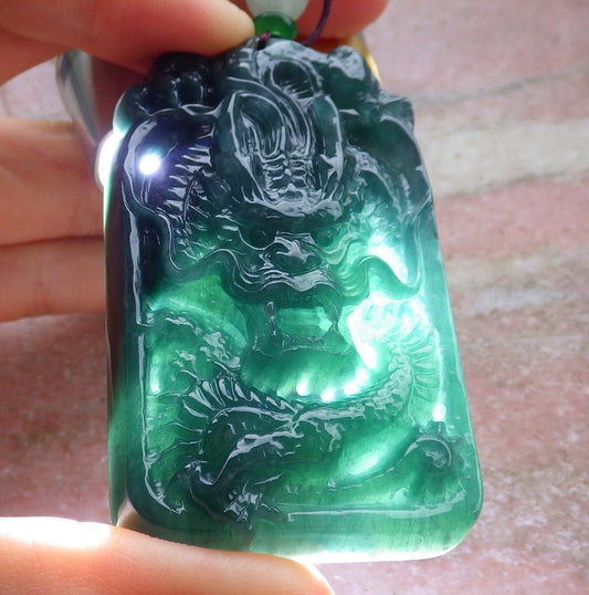 Certified Icy Green Burma 100% Natural A Jade jadeite Pendant Dragon Money Coin Necklace 生意兴隆 651237 TN