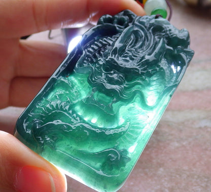 Certified Icy Green Burma 100% Natural A Jade jadeite Pendant Dragon Money Coin Necklace 生意兴隆 651237 TN