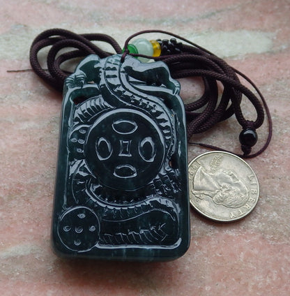 Certified Icy Green Burma 100% Natural A Jade jadeite Pendant Dragon Money Coin Necklace 生意兴隆 651237 TN