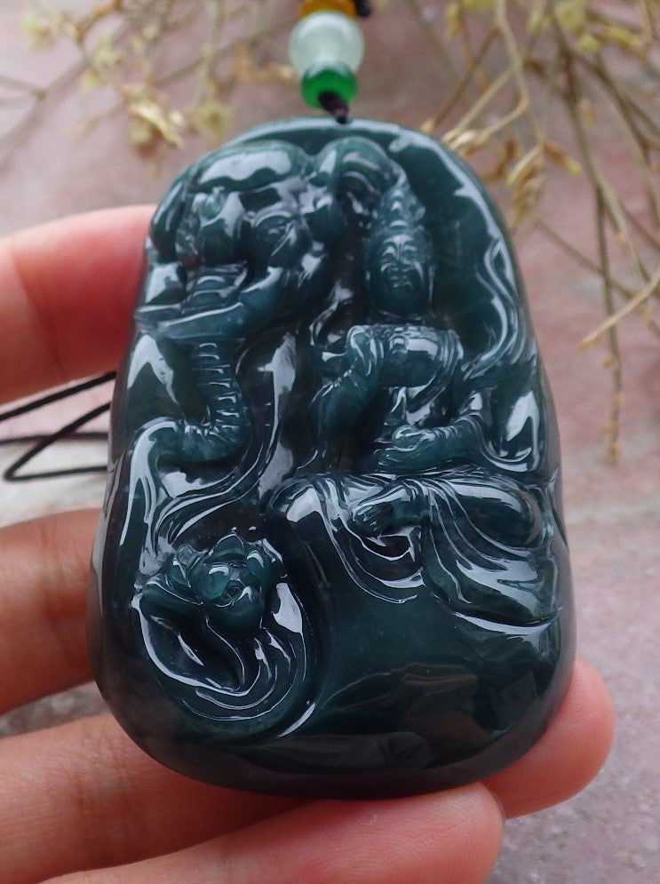 Certified Icy Green Burma 100% Natural A Jade jadeite Pendant  Guanyin Kwan Yin Elephant Necklace 观音 651247 TN