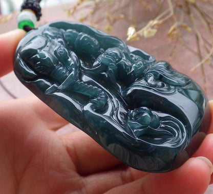 Certified Icy Green Burma 100% Natural A Jade jadeite Pendant  Guanyin Kwan Yin Elephant Necklace 观音 651247 TN