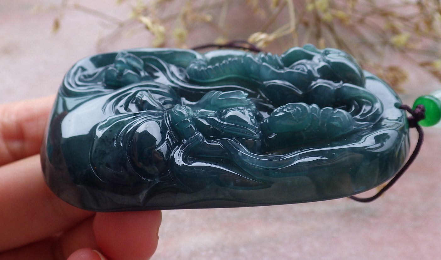 Certified Icy Green Burma 100% Natural A Jade jadeite Pendant  Guanyin Kwan Yin Elephant Necklace 观音 651247 TN