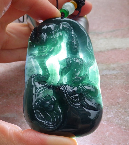 Certified Icy Green Burma 100% Natural A Jade jadeite Pendant  Guanyin Kwan Yin Elephant Necklace 观音 651247 TN
