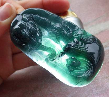 Certified Icy Green Burma 100% Natural A Jade jadeite Pendant  Guanyin Kwan Yin Elephant Necklace 观音 651247 TN