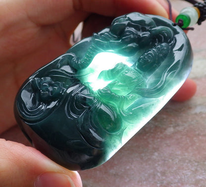Certified Icy Green Burma 100% Natural A Jade jadeite Pendant  Guanyin Kwan Yin Elephant Necklace 观音 651247 TN