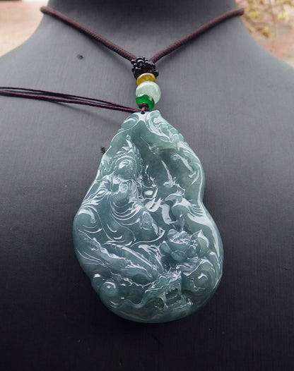 Certified Icy Green Lavender Burma 100% Natural A Jade jadeite Pendant Guanyin Kwan Yin Dragon Phoenix Lotus Flower Necklace 观音 651265 TN