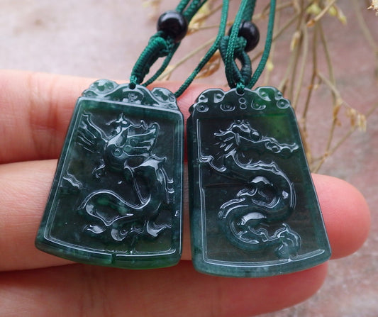 Pair Certified Icy Green Burma 100% Natural A Jade jadeite Pendant Dragon Phoenix Necklace 龙凤 651274 TN