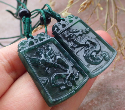 Pair Certified Icy Green Burma 100% Natural A Jade jadeite Pendant Dragon Phoenix Necklace 龙凤 651274 TN