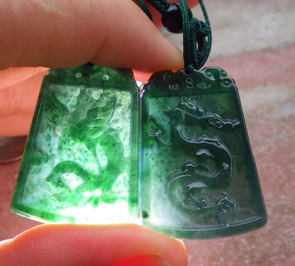 Pair Certified Icy Green Burma 100% Natural A Jade jadeite Pendant Dragon Phoenix Necklace 龙凤 651274 TN