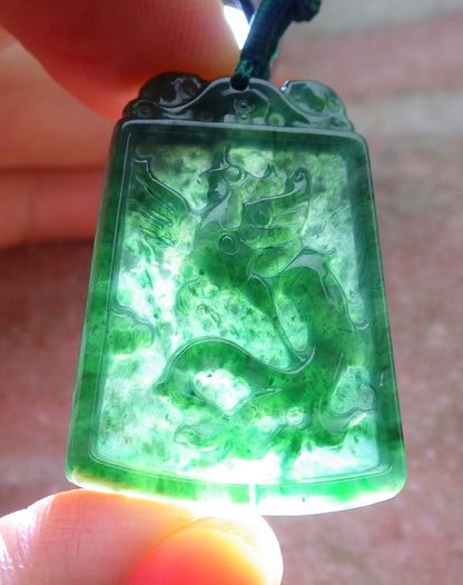Pair Certified Icy Green Burma 100% Natural A Jade jadeite Pendant Dragon Phoenix Necklace 龙凤 651274 TN