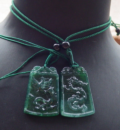 Pair Certified Icy Green Burma 100% Natural A Jade jadeite Pendant Dragon Phoenix Necklace 龙凤 651274 TN