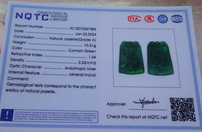 Pair Certified Icy Green Burma 100% Natural A Jade jadeite Pendant Dragon Phoenix Necklace 龙凤 651274 TN