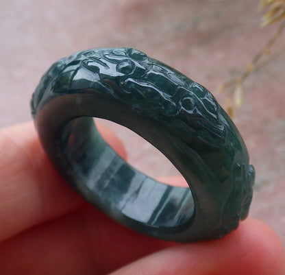 Certified Icy Green Burma 100% Natural A JADE Jadeite Dragon RING USA. 10.25 戒指 651283 TN