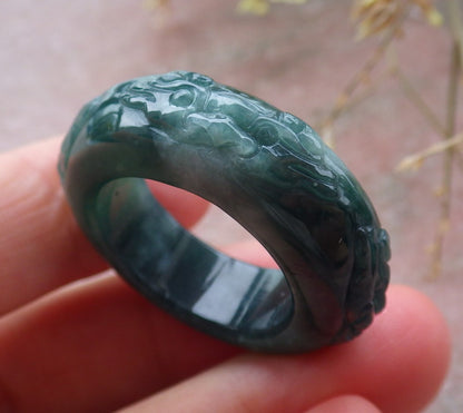 Certified Icy Green Burma 100% Natural A JADE Jadeite Dragon RING USA. 10.25 戒指 651283 TN