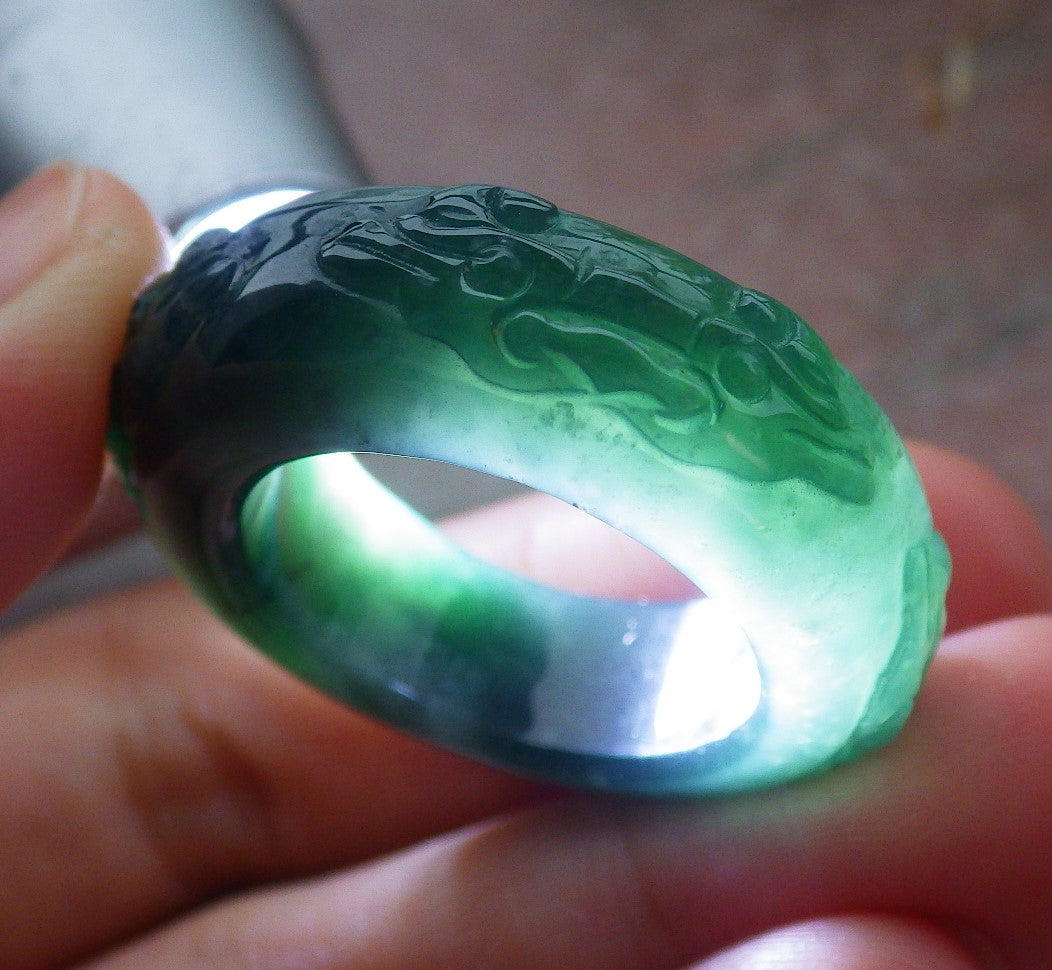 Certified Icy Green Burma 100% Natural A JADE Jadeite Dragon RING USA. 10.25 戒指 651283 TN