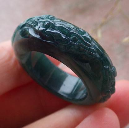 Certified Icy Green Burma 100% Natural A JADE Jadeite Dragon RING USA. 10.25 戒指 651283 TN