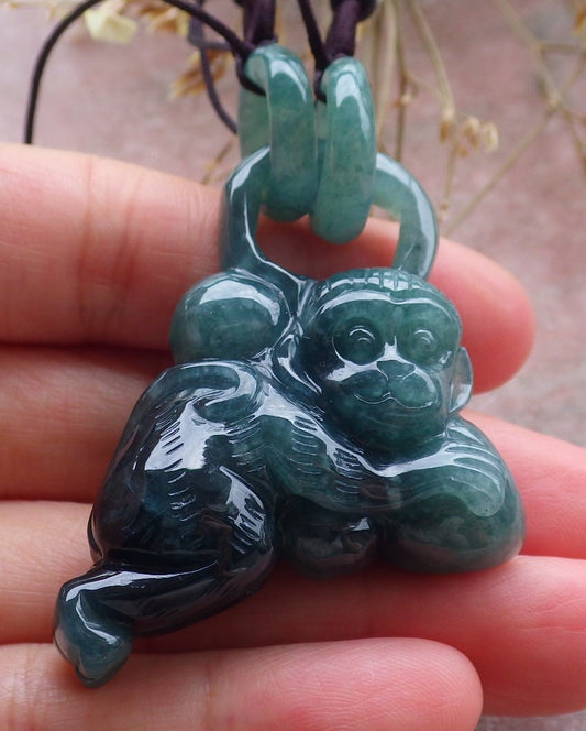 Certified Icy Green Burma 100% Natural A Jade jadeite Pendant Monkey Peach Circle W Ring 猴子 651310 TN