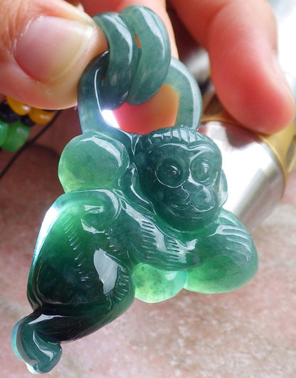 Certified Icy Green Burma 100% Natural A Jade jadeite Pendant Monkey Peach Circle W Ring 猴子 651310 TN