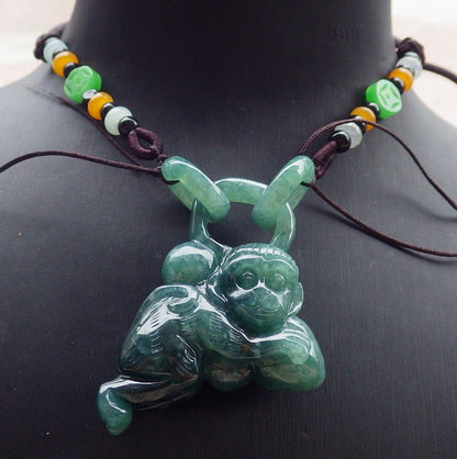 Certified Icy Green Burma 100% Natural A Jade jadeite Pendant Monkey Peach Circle W Ring 猴子 651310 TN