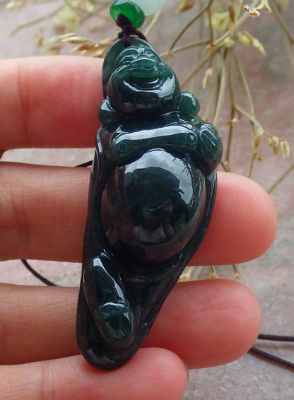 Certified Icy Green Burma 100% Natural A Jade jadeite pendant Happy Buddha God Necklace 开心佛 651414 TN