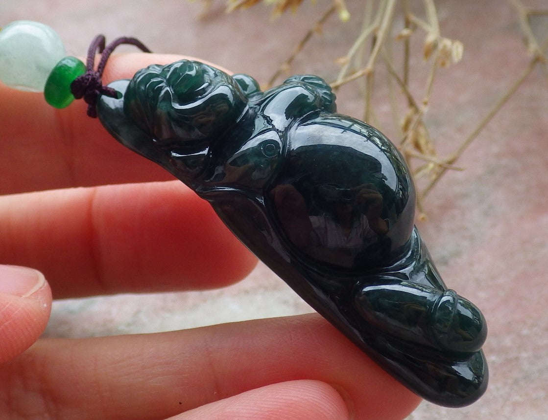 Certified Icy Green Burma 100% Natural A Jade jadeite pendant Happy Buddha God Necklace 开心佛 651414 TN