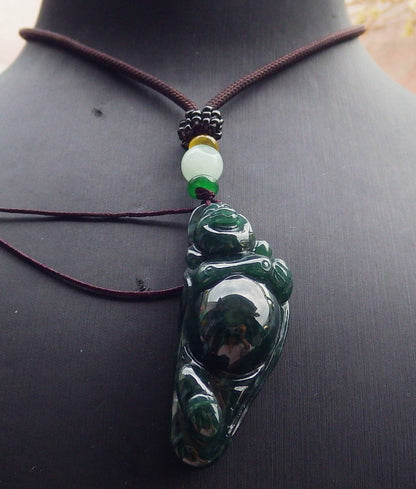 Certified Icy Green Burma 100% Natural A Jade jadeite pendant Happy Buddha God Necklace 开心佛 651414 TN