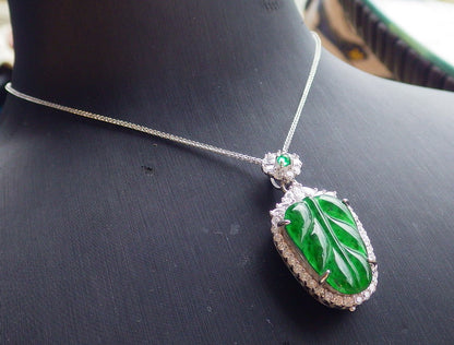 Icy Green Silver 925 Certified BURMA 100% Natural A JADE Jadeite pendant Leaf Necklace 事业有成 651572 TN