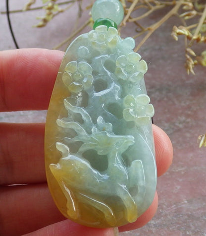 Certified Yellow Green Burma 100% Natural A Jade jadeite Pendant Deer Flower Necklace 梅花鹿 651616 TN